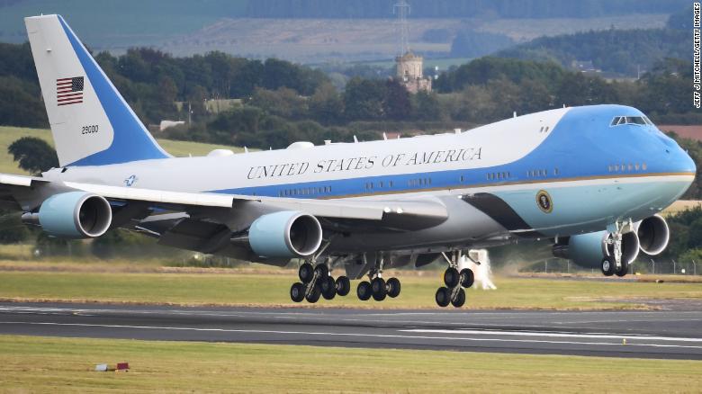 Air Force One carrying the President of the United States, Donald Trump and First Lady, Melania Trump touches down at Glasgow Prestwick Airport on July 13, 2018 in Glasgow, Scotland. Jeff J Mitchell/Getty Images