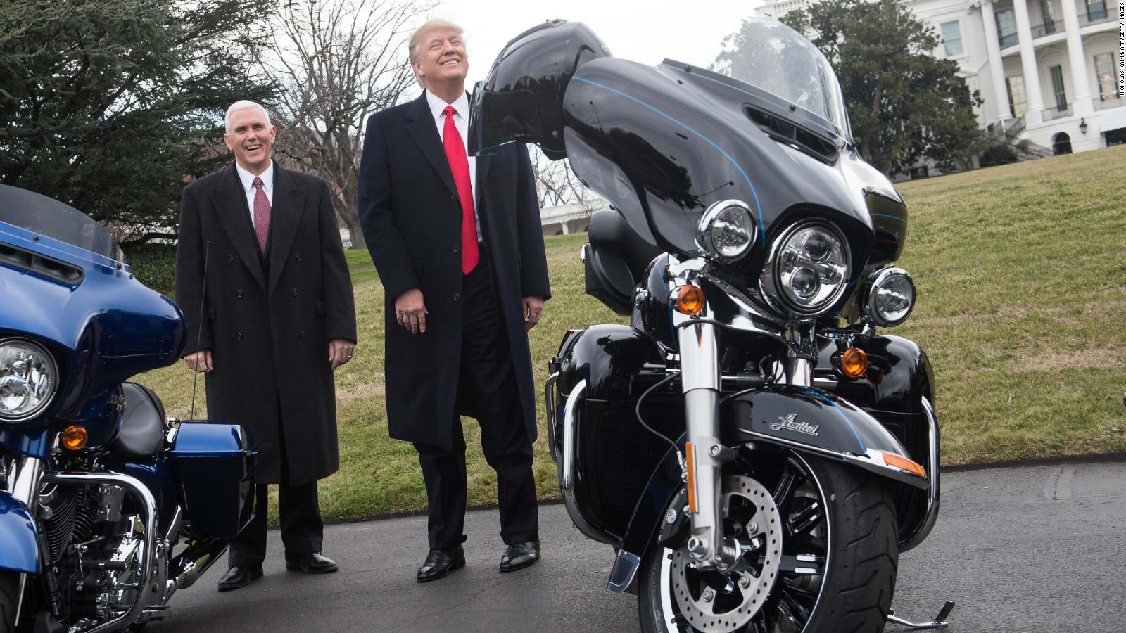 (FILES) In this file photo taken on February 2, 2017 US President Donald Trump jokes with reporters after greeting Harley Davidson executives and union representatives on the South Lawn of the White House in Washington, DC, prior to a luncheon with them. President Donald Trump on June 26, 2018 renewed his attacks on Harley-Davidson, accusing the motorcycle manufacturer of using the trade war as an &quot;excuse&quot; to move production for the European market out of the United States.&quot;Early this year Harley-Davidson said they would move much of their plant operations in Kansas City to Thailand. That was long before Tariffs were announced. Hence, they were just using Tariffs/Trade War as an excuse,&quot; he said in a tweetstorm about the company. &quot;When I had Harley-Davidson officials over to the White House, I chided them about tariffs in other countries, like India, being too high ... Harley must know that they won&#39;t be able to sell back into U.S. without paying a big tax!&quot; / AFP PHOTO / NICHOLAS KAMMNICHOLAS KAMM/AFP/Getty Images